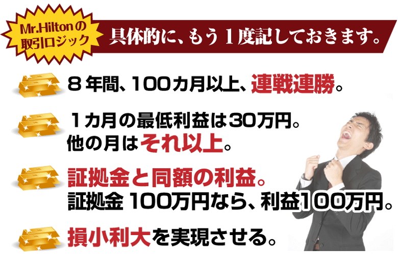 「Mr.Hiltonの取引ロジック」
具体的に、もう1度記しておきます。□8年間、100カ月以上、連戦連勝。
□１カ月の最低利益は30万円。他の月は、それ以上。
□証拠金と同額の利益。証拠金100万円なら、利益100万円。
□損小利大を実現させる。