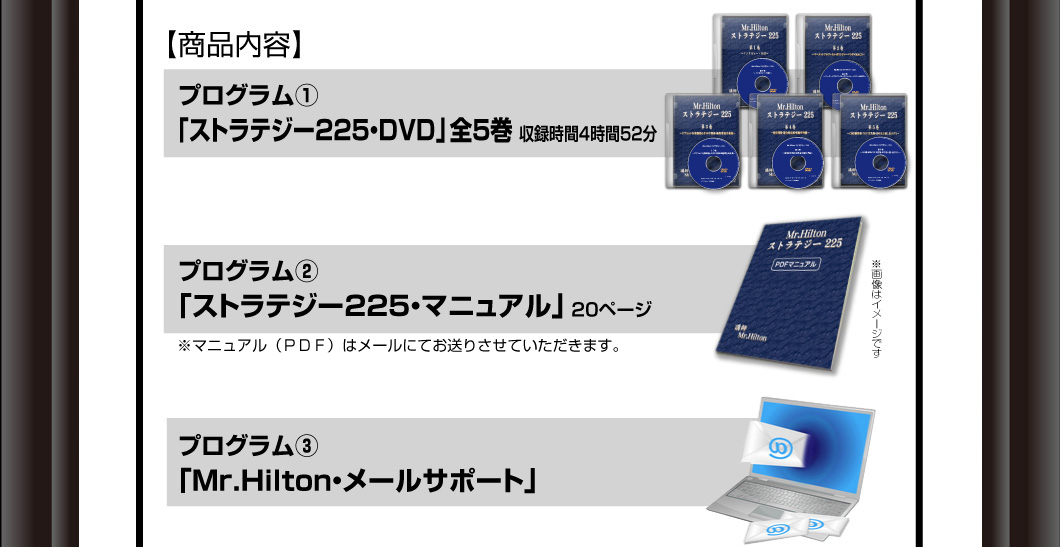 プログラム①「ストラテジー225・DVD」全5巻・収録時間4時間52分プログラム②「ストラテジー225・マニュアル」20ページプログラム③「Mr.Hilton・メールサポート」