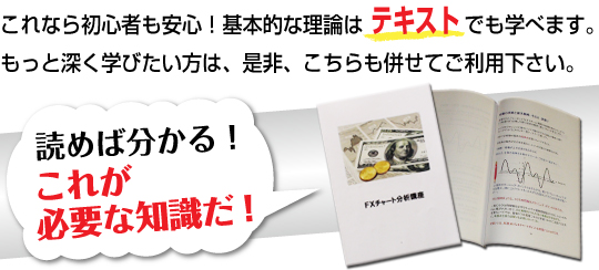 これならＦＸ初心者も安心！基本的な理論はテキストでも学べます。もっと深く学びたい方は、是非、こちらも併せてご利用下さい。　読めばわかる！これがＦＸトレードに必要な知識だ！